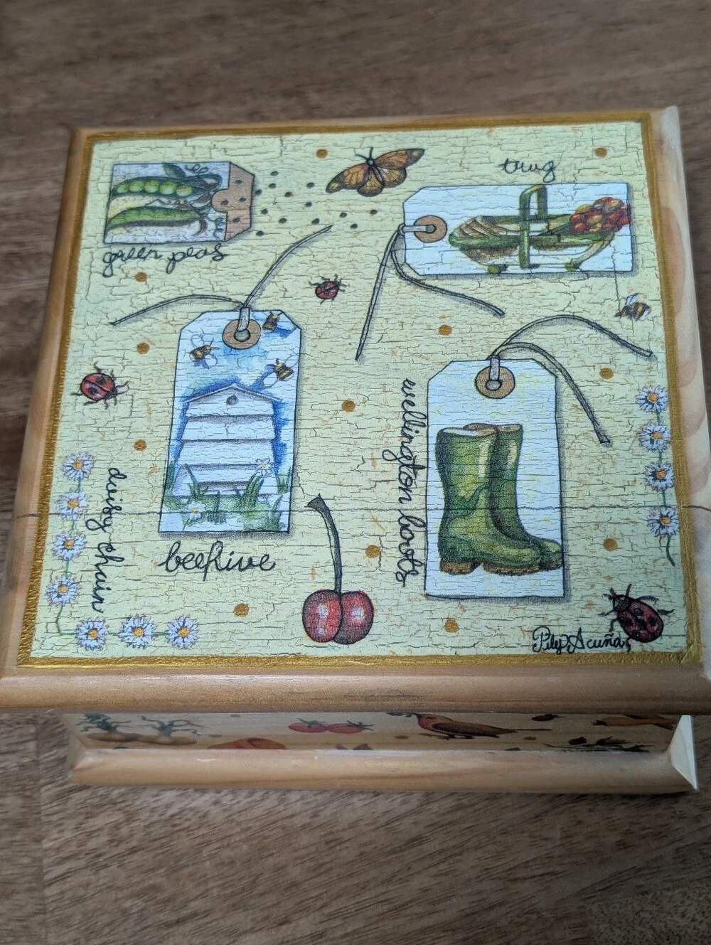 Pily Acuna Design Decoupage Wooden Trinket Box/ Jewelry Box Garden Bees Ladybug